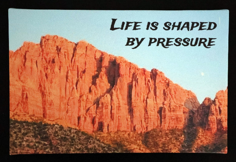 Canvas print with scenic red rock formation with 'Life is shaped by pressure' text.