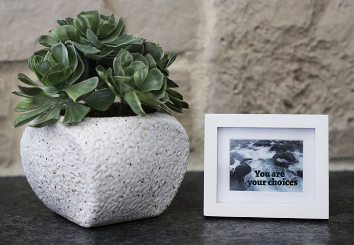 Framed picture with 'Your are your choices' quote.
