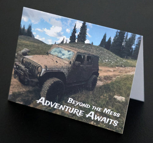 Note card with offroad jeep and "Adventure Awaits" quote.