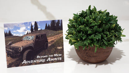 Note card with offroad jeep and "Adventure Awaits" quote.
