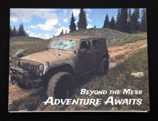 Note card with offroad jeep and "Adventure Awaits" quote.