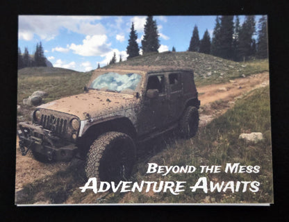 Note card with offroad jeep and "Adventure Awaits" quote.