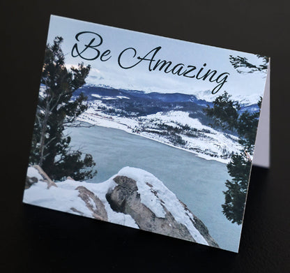 Note card with scenic mountain and "Be Amazing" quote.