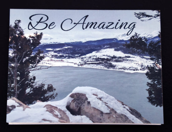 Note card with scenic mountain and "Be Amazing" quote.