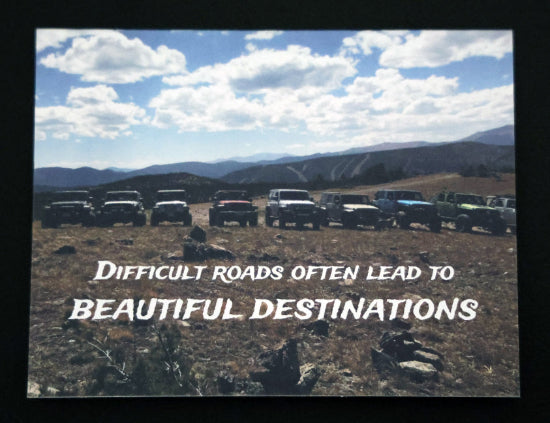 Note card with line of jeeps in scenic mountains and "Beautiful Destinations" quote.