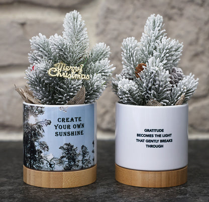Small potted Christmas tree in decorative pot with a winter scene and inspirational quotes.