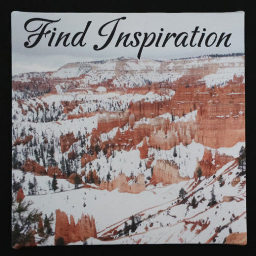 Canvas print with scenic view of a canyon with snow, with the text 'Find Inspiration'.