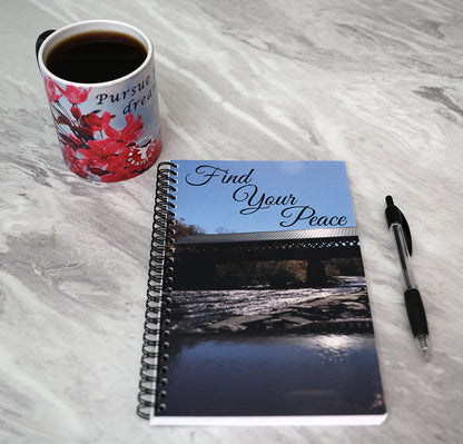 Journal with a covered bridge on the cover and 'Find Your Peace' text.