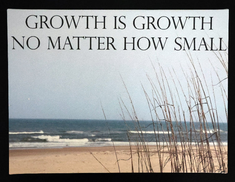 Canvas print with scenic beach scene with ocean and grass with 'Growth is growth no matter how small' text.