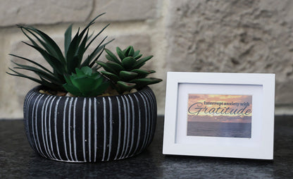 Framed picture with 'Interrupt anxiety with Gratitude' quote.