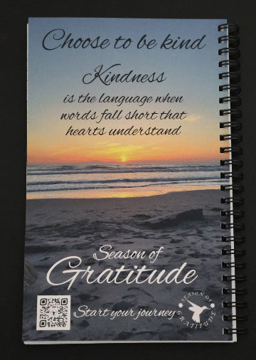Journal back cover with a scenic beach sunset, featuring the text "Choose to be kind".
