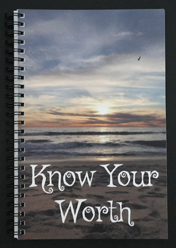Journal with a beach sunset design and 'Know Your Worth' text.