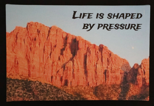 Canvas print with scenic red rock formation with 'Life is shaped by pressure' text.