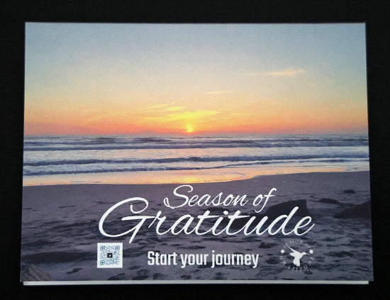 Note card with scenic beach and "Season of Gratitude" quote.
