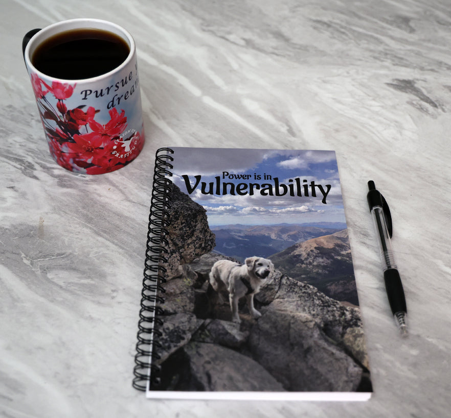 Journal with a dog on a mountain peak on the cover and 'Power is in Vulnerability' text.