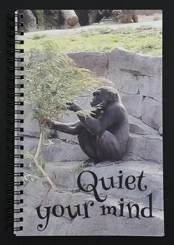 Journal cover with a gorilla on a stone background and the text 'Quiet your mind'.