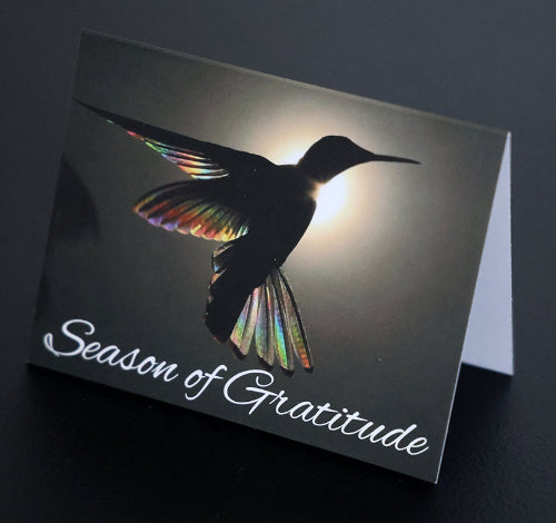 Note card with scenic hummingbird and "Season of Gratitude" quote.