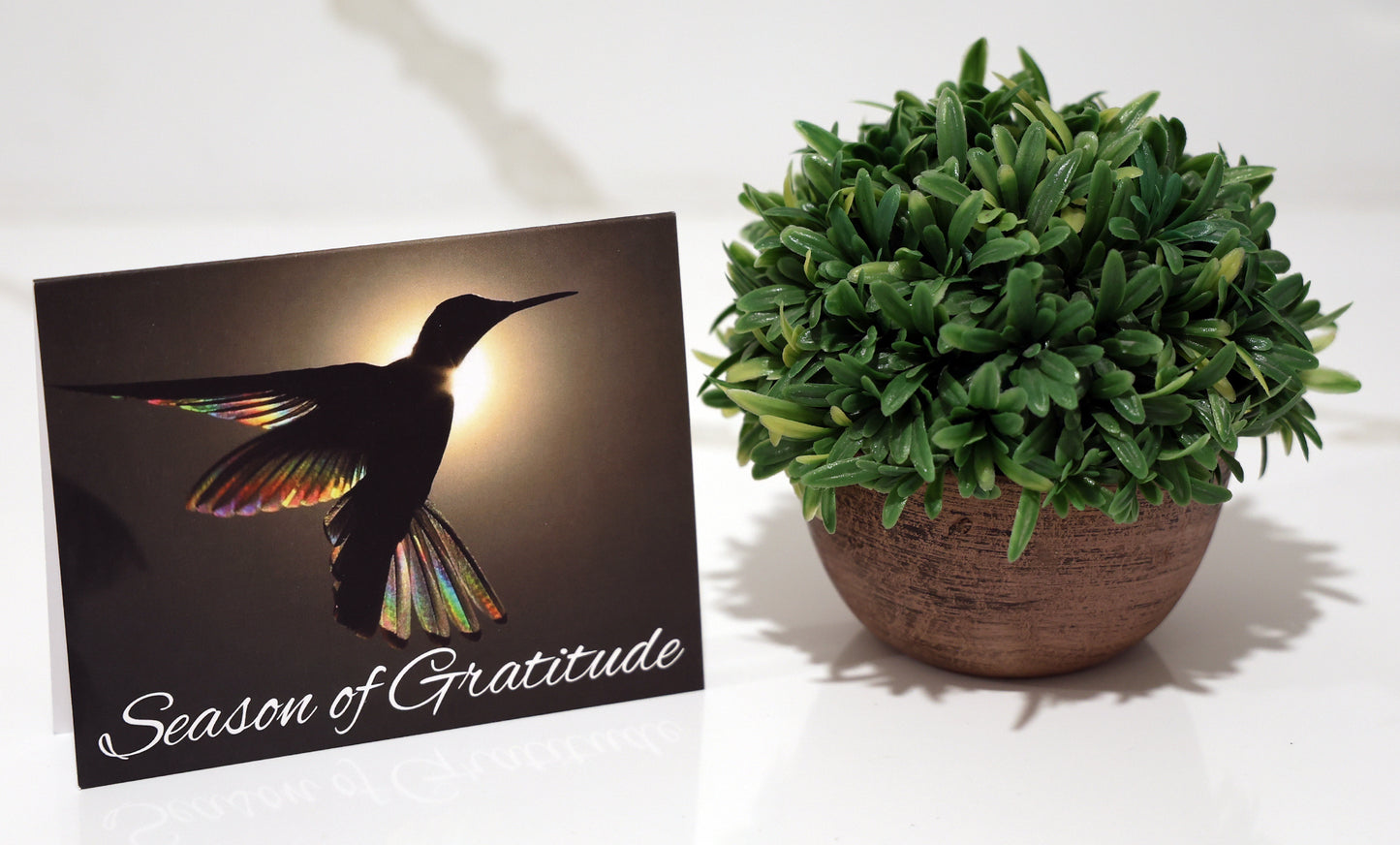 Note card with scenic hummingbird and "Season of Gratitude" quote.
