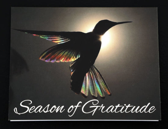Note card with scenic hummingbird and "Season of Gratitude" quote.
