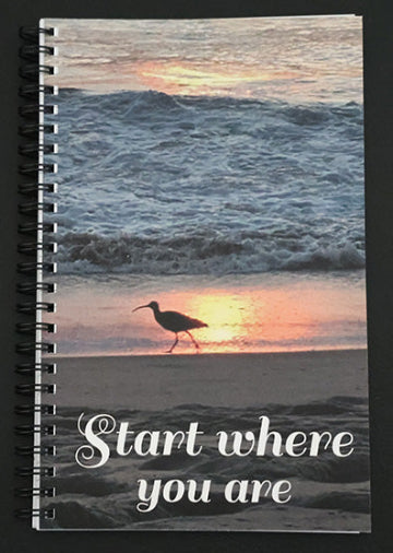 Journal with a sunset beach scene and sandpiper bird, with 'Start where you are' text on the cover.
