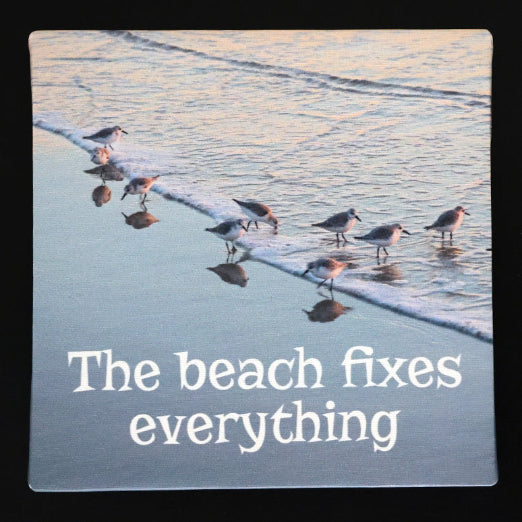 Canvas print with scenic of Birds walking along a beach 'The beach fixes everything' text.