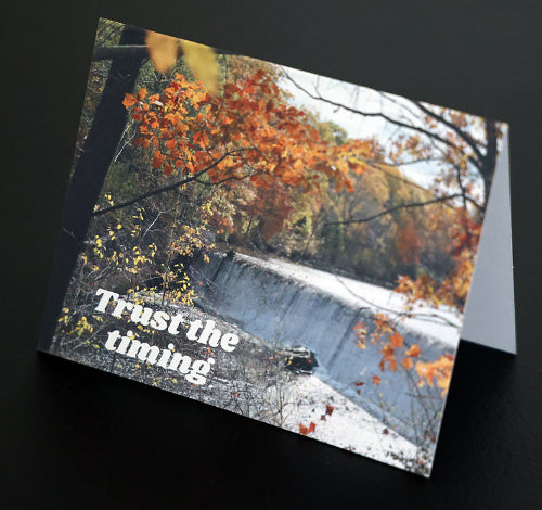 Note card with scenic waterfall and "Trust the timing" quote.