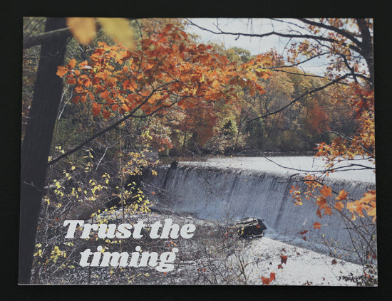 Note card with scenic waterfall and "Trust the timing" quote.