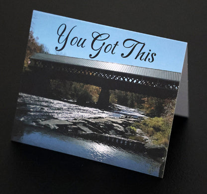Note card with scenic covered bridge, featuring 'You got this' quote.