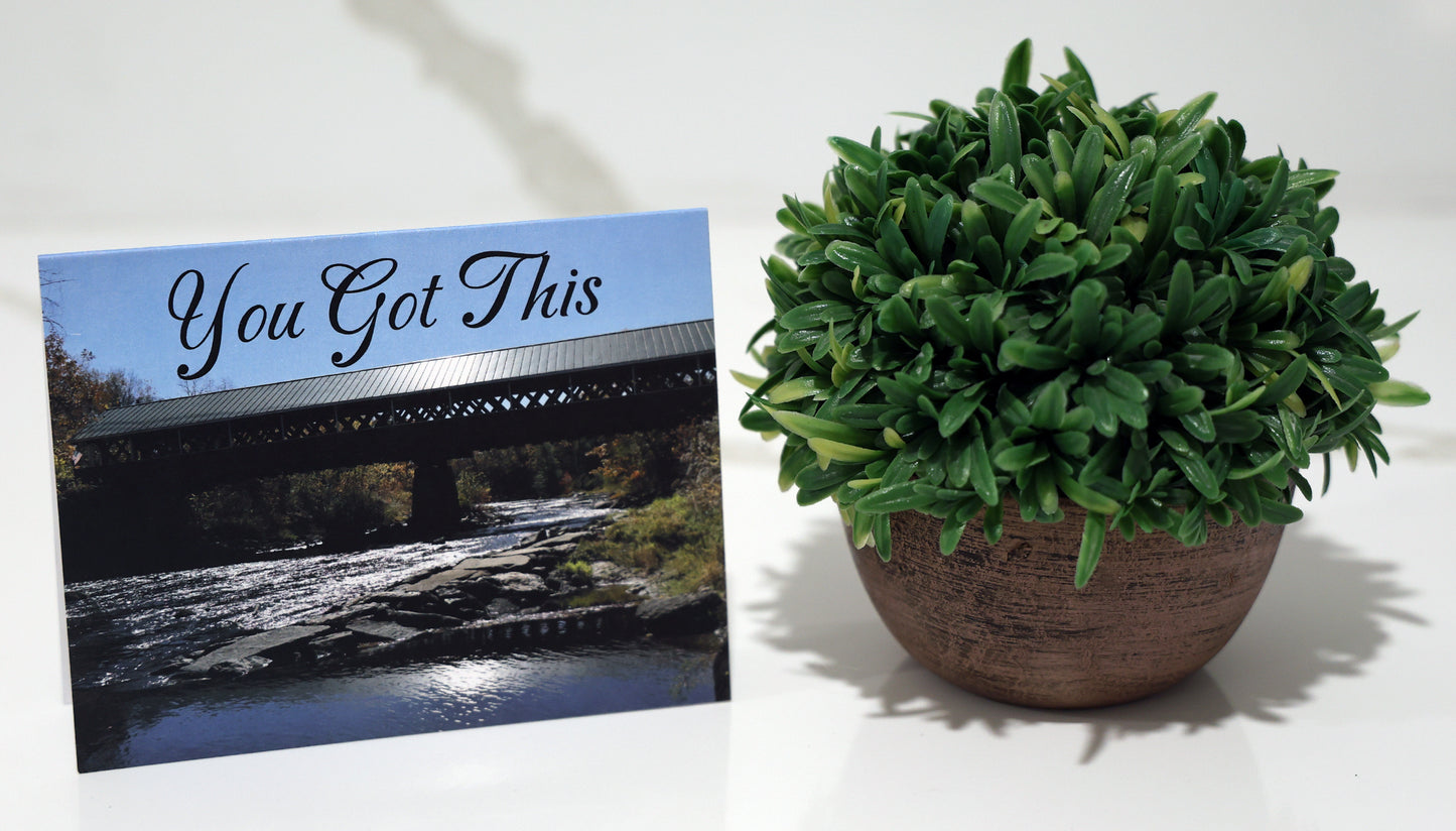 Note card with scenic covered bridge, featuring 'You got this' quote.
